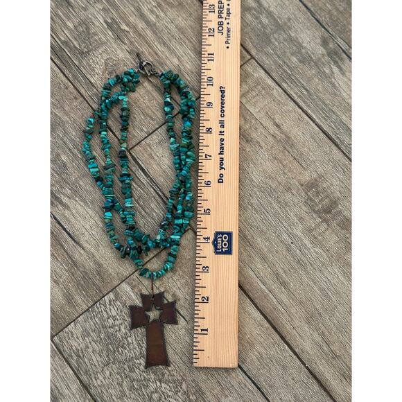 Vintage Women's Turquoise Multi Strand Nugget Cross Necklace - Picture 3 of 6